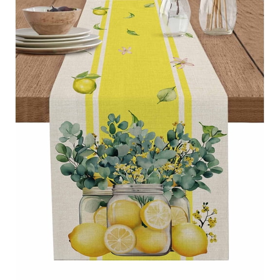 Yellow Lemon Table Runner 70 Inches, Summer Botanical Eucalyptus Leaves Stripes Bed Runner Dresser Scarves Tabletop for Indoor Outdoor Parties/Ceremony/Banquet, 13" x 70"