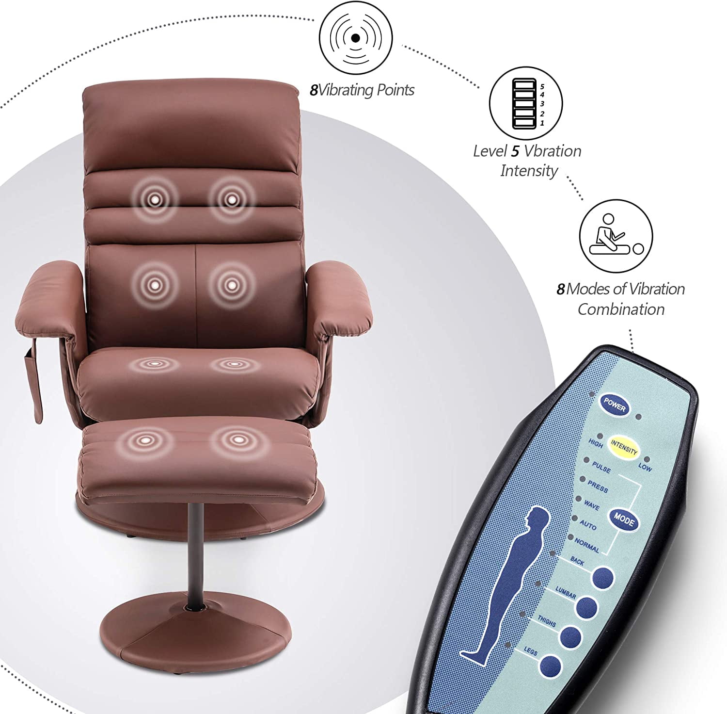 MCombo 360 Swivel Massage Recliner Chair with Ottoman for Living Room, Faux Leather, Brown