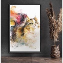 PixonSign Framed Canvas Print Wall Art Watercolor Splash Fluffy Cat Animals Wilderness Illustrations Modern Art Rustic Landscape Expressive Multicolor for Living Room, Bedroom, Office - 16"x24" Black