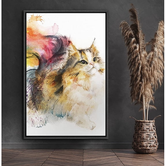 PixonSign Framed Canvas Print Wall Art Watercolor Splash Fluffy Cat Animals Wilderness Illustrations Modern Art Rustic Landscape Expressive Multicolor for Living Room, Bedroom, Office - 16"x24" Black