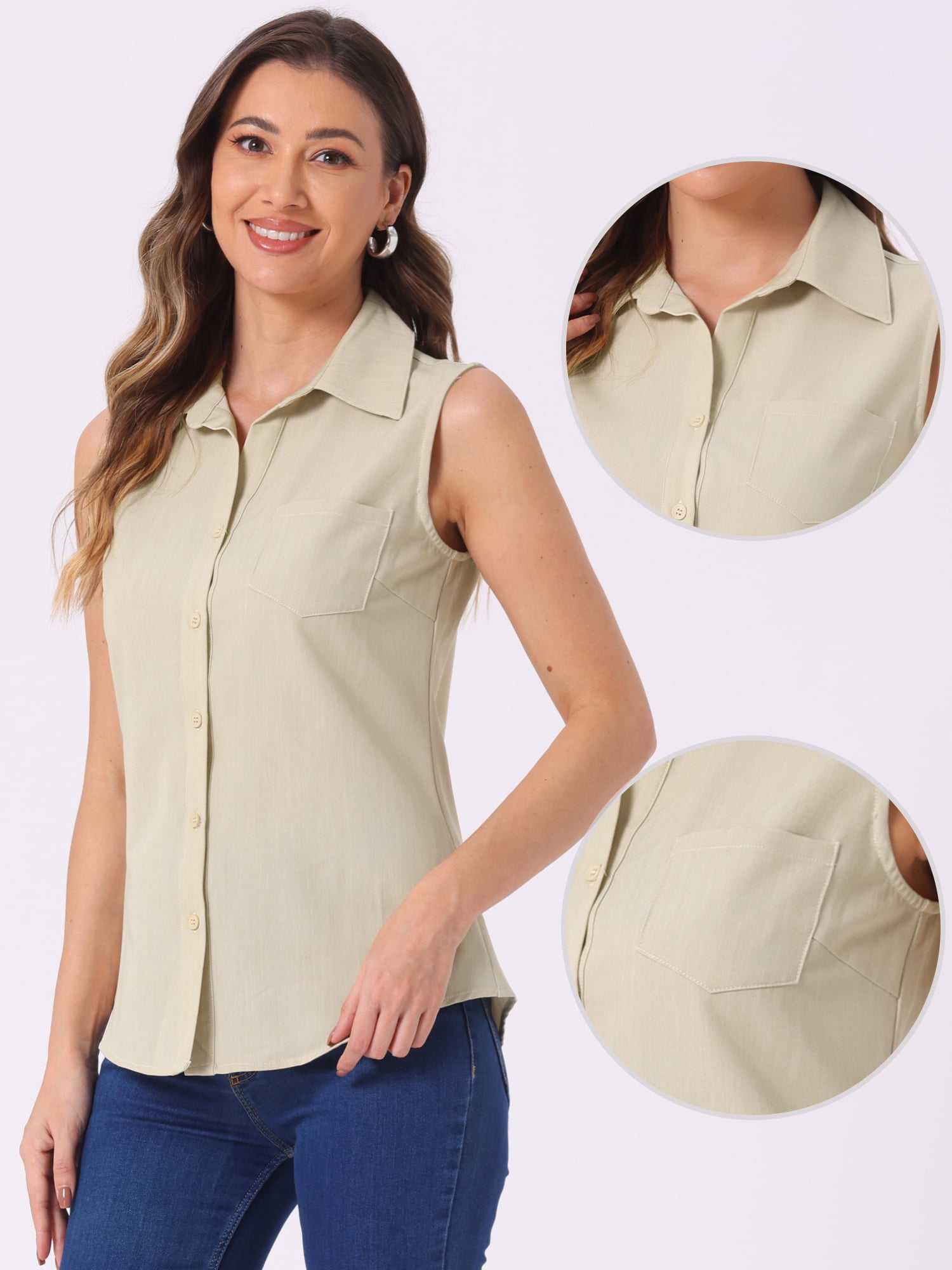 DARING DIVA Sleeveless Lapel Chambray Tunic Denim Shirt XS Light Khaki
