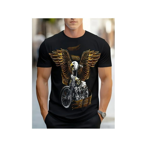 Camiseta informal de algodón suave y cómoda para hombre con diseño de águila en motocicleta, cuello redondo y manga corta, perfecta para el verano al aire libre.