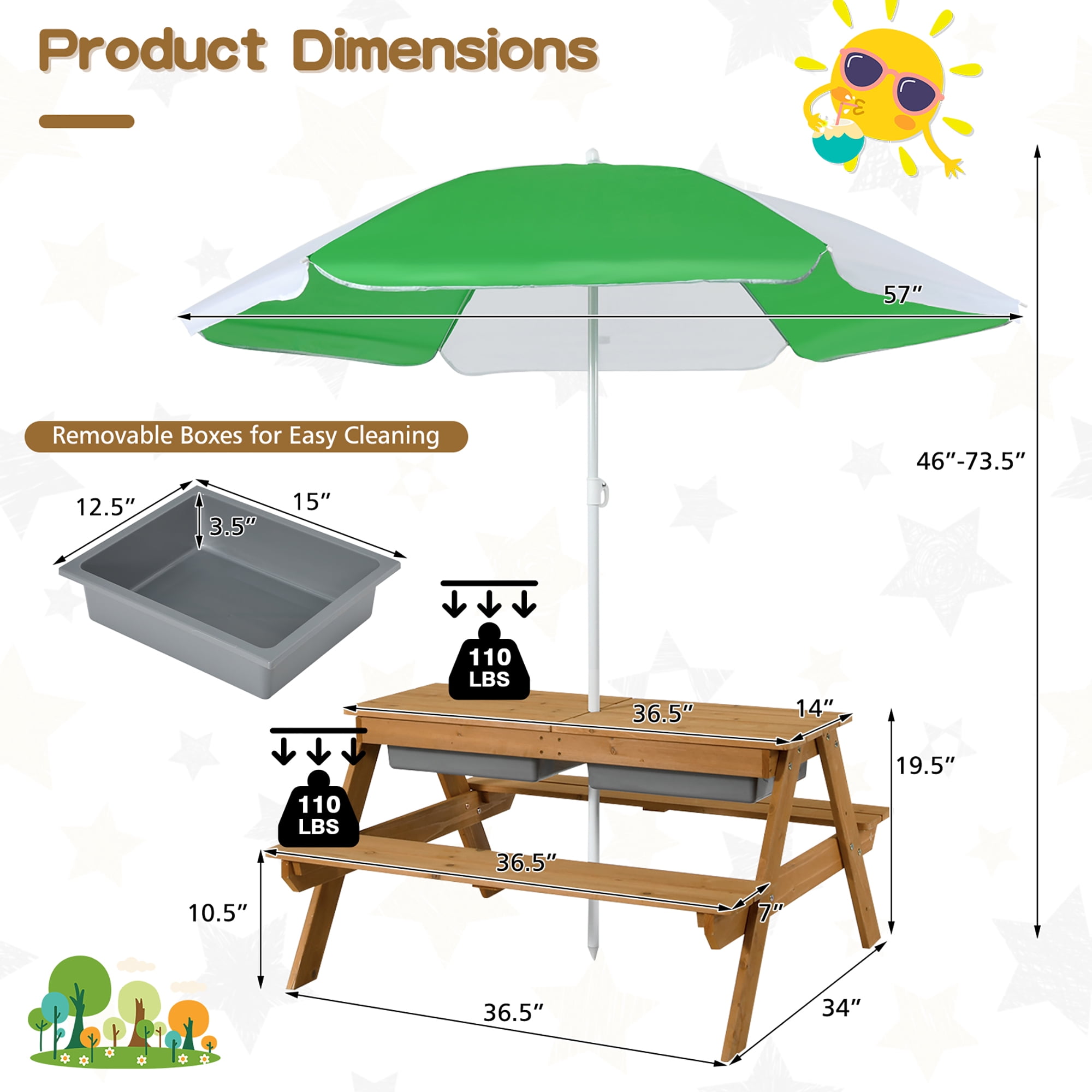 Costway 3-in-1 Kids Picnic Table Wooden Outdoor Sand & Water Table with Umbrella Play Boxes Natural