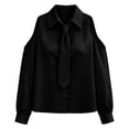 thumbnail image 6 of Cold Shoulder Shirts for Womens Solid Color Turndown Collar Casual Shirt Long Sleeve Dressy Top with Tie Black M, 6 of 9