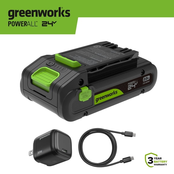 Greenworks 24V 2 Ah Battery Charger Kit with 65W USB-C Charging Block, PowerAll,
