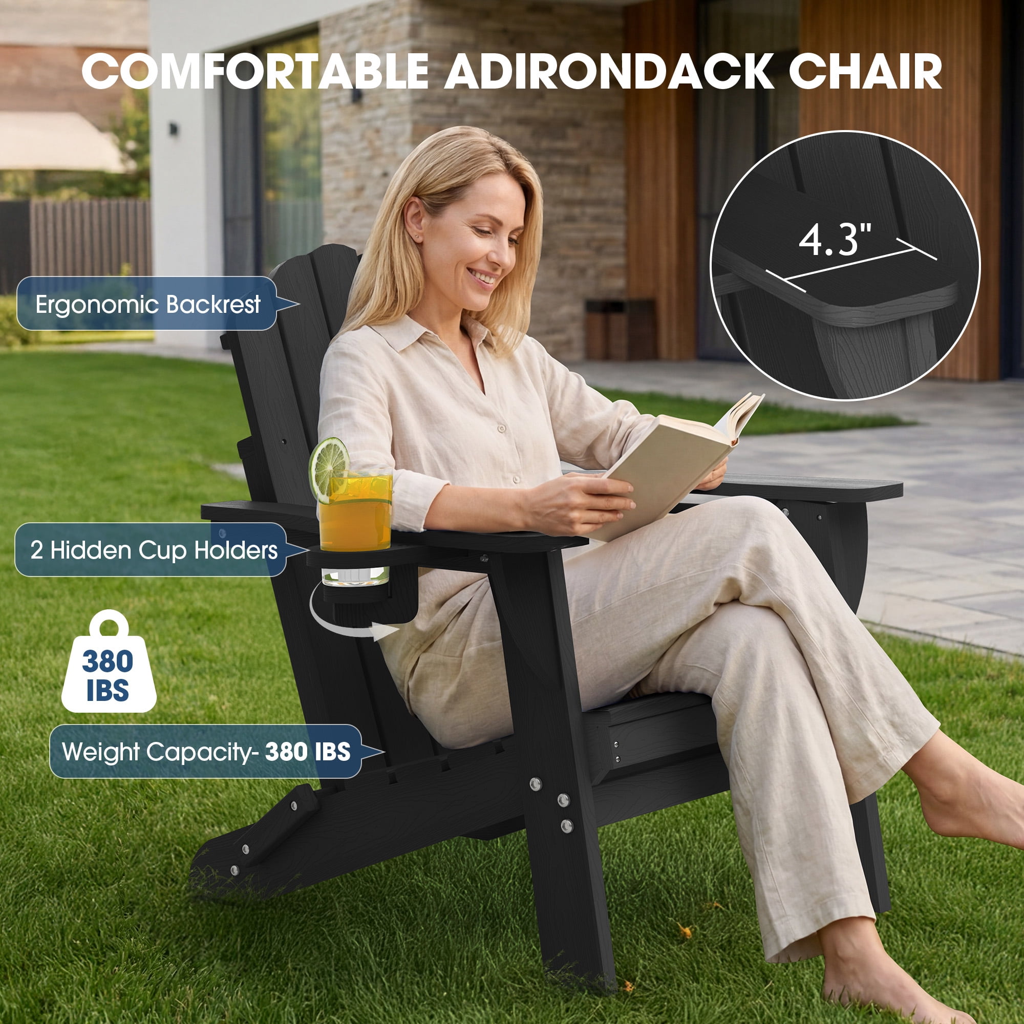 Adirondack Chairs Set of 4, Folding All-Weather HDPE Plastic Patio Chairs, Black