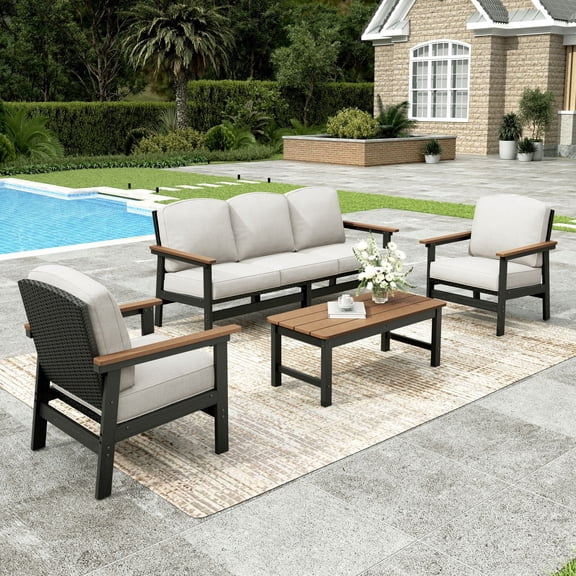 Sophia & William 4 Pieces HDPE Outdoor Patio Furniture Set 5-Seat All-Weather Cushioned Conversation Set with Wicker Chairs & Wood-grain Coffee Table
