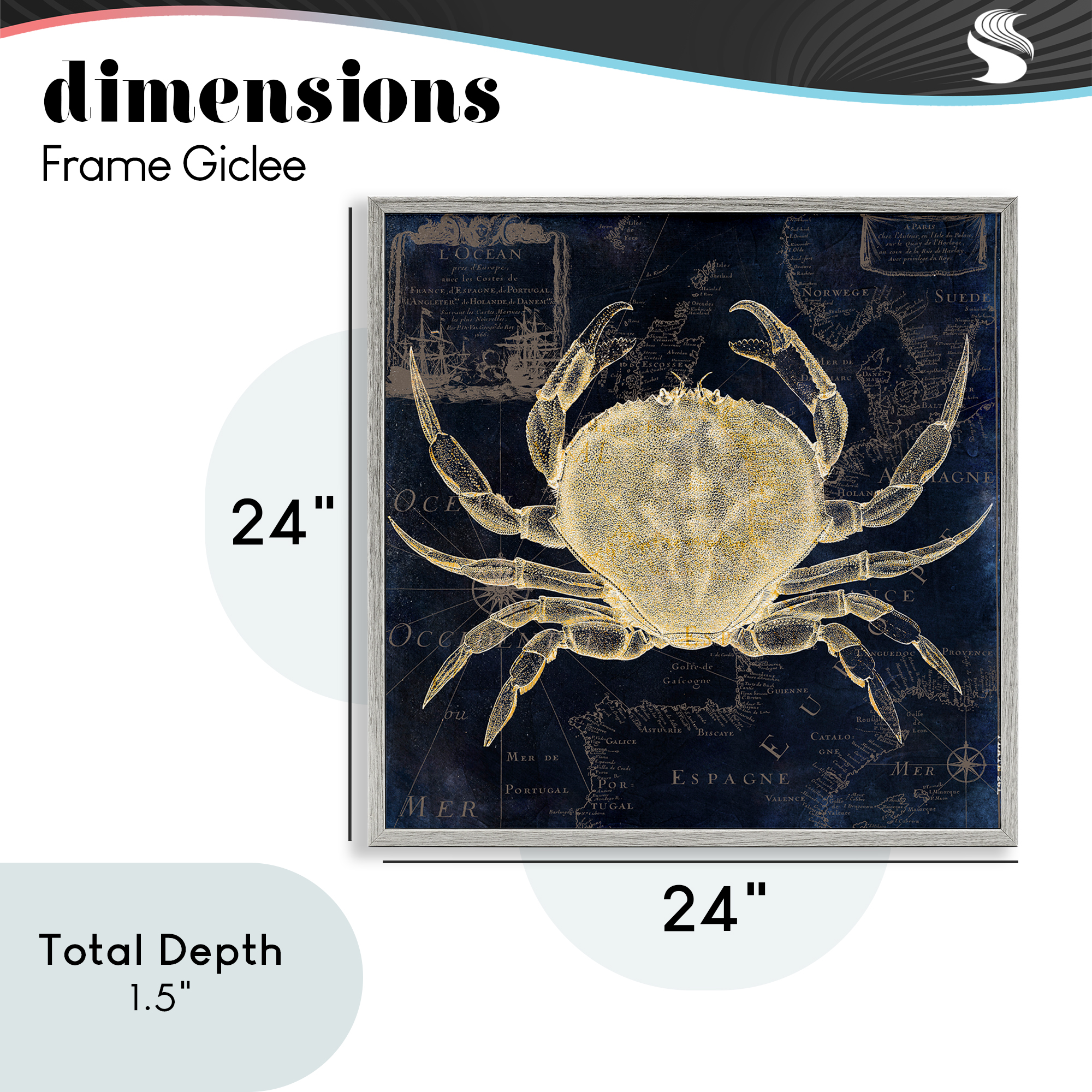 Crab Contour over Map Gray Framed Giclee Art, design by Sasha