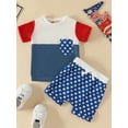 thumbnail image 2 of Independence Day Infant Baby Boys Summer Outfit Short Sleeve O Neck Contrast Color Tops Stars Print Drawstring Shorts Sets, 2 of 9