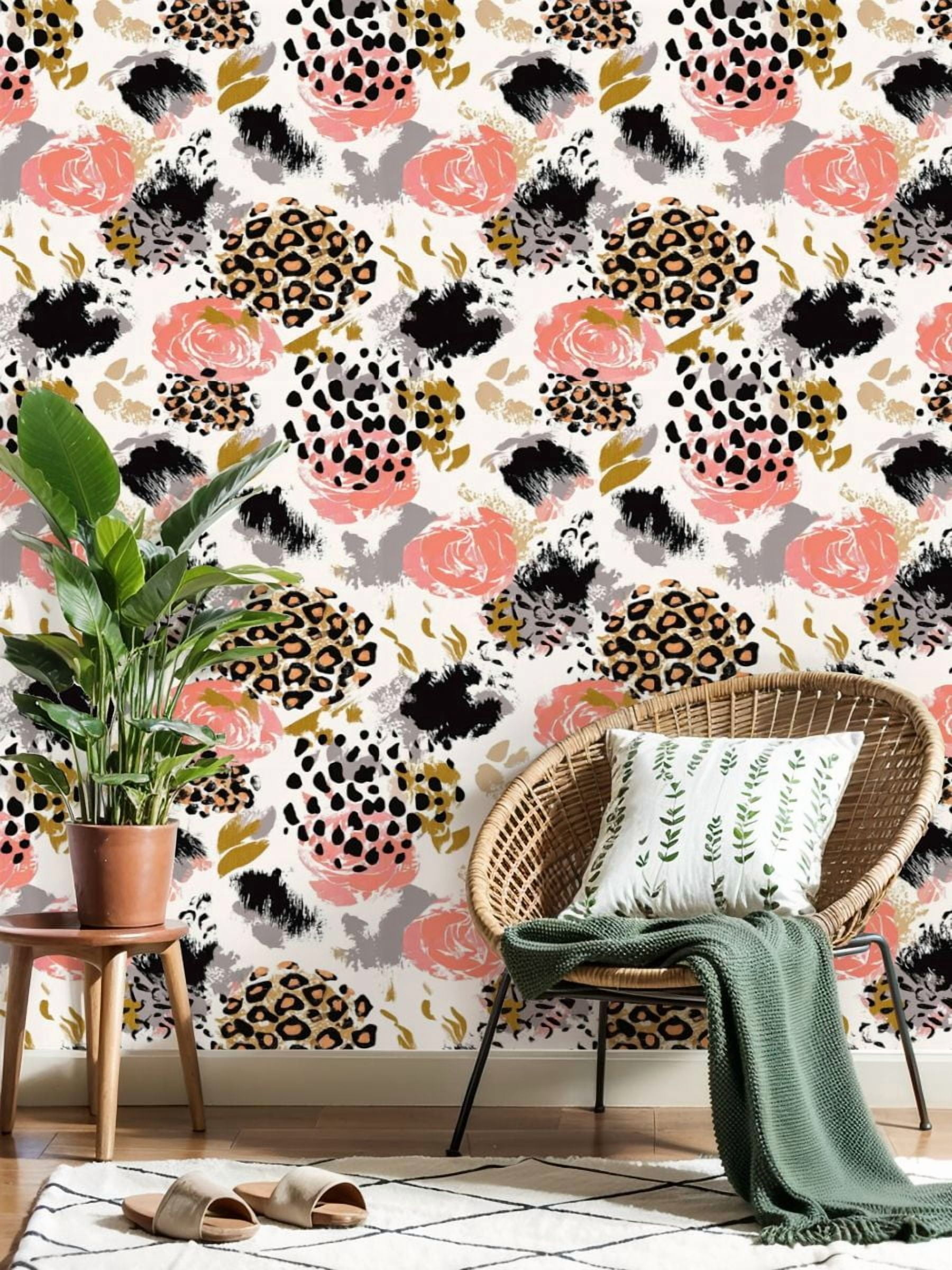 Vintage Peel and Stick Wallpaper Floral Leopard Print Bold Brushstrokes Pink Black Gold Tones Wall Mural 17.7in x 9.8ft Removable Wall Paper Renter Friendly Wallpaper for Nursery Bedroom Cabinets