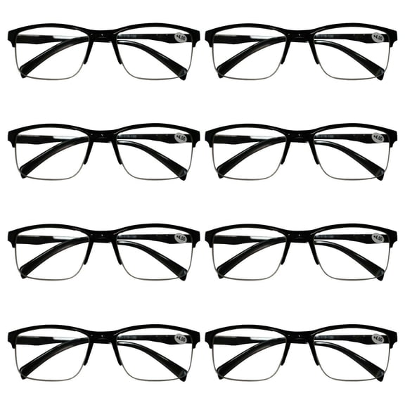 8 Packs Mens Unisex Half Frame Square Reading Glasses Black Spring Hinge Readers 1.00