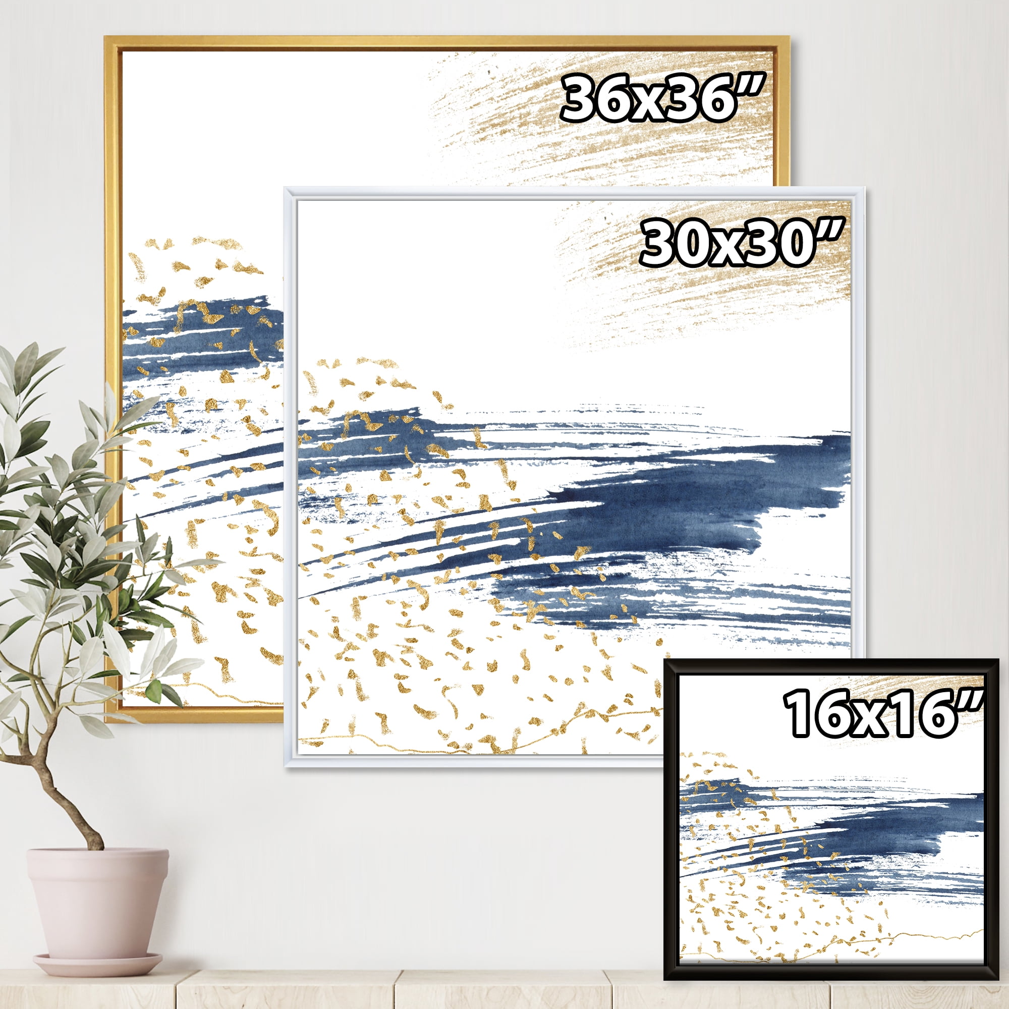 Designart 'Gold and Dark Blue and Abstract I' Modern Framed Canvas Wall Art Print