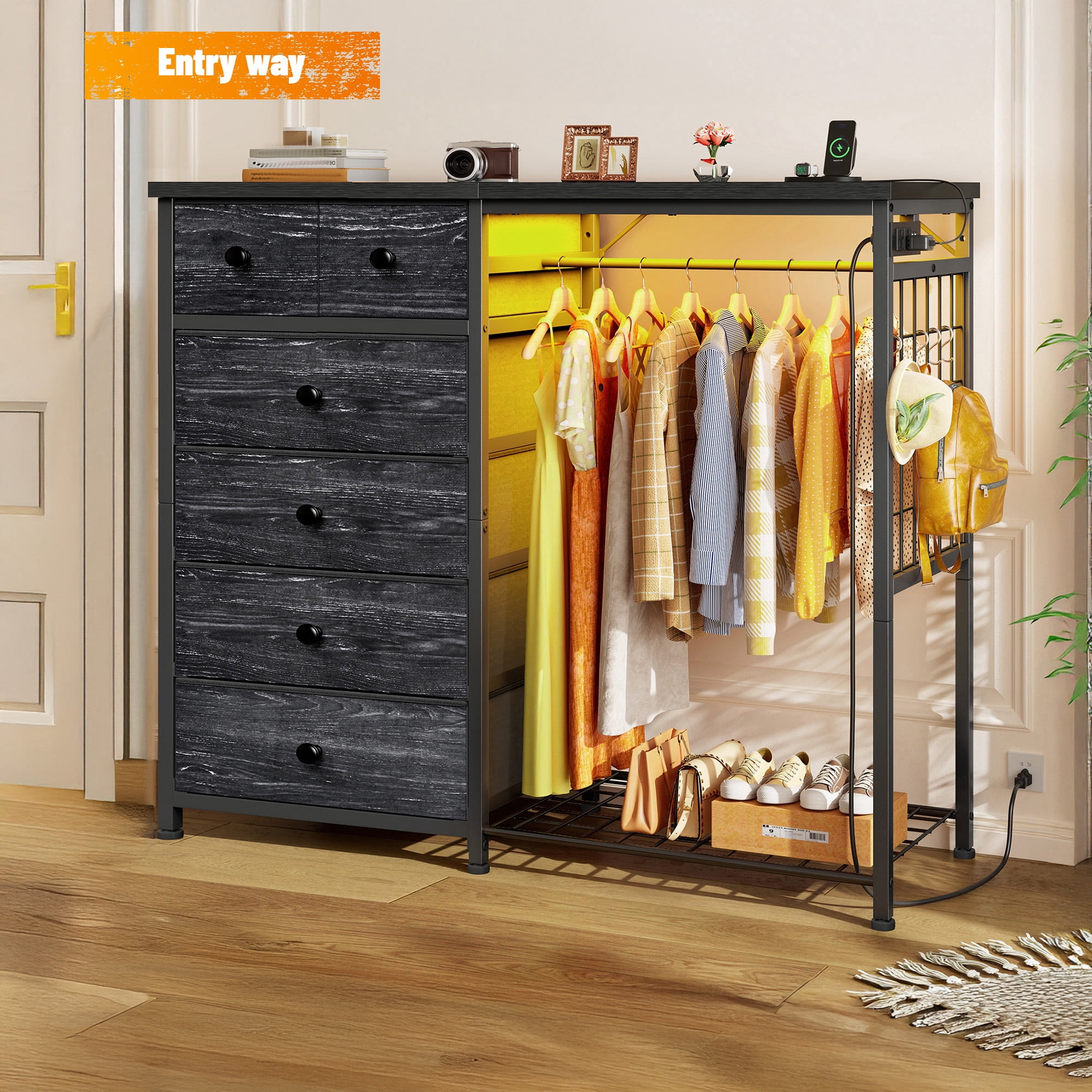 Snhomee Dresser with Clothes Rack 6 Drawer Dresser with Clothing Rack for Hanging Clothes Black Dresser with Fabric Drawers & Charging Station