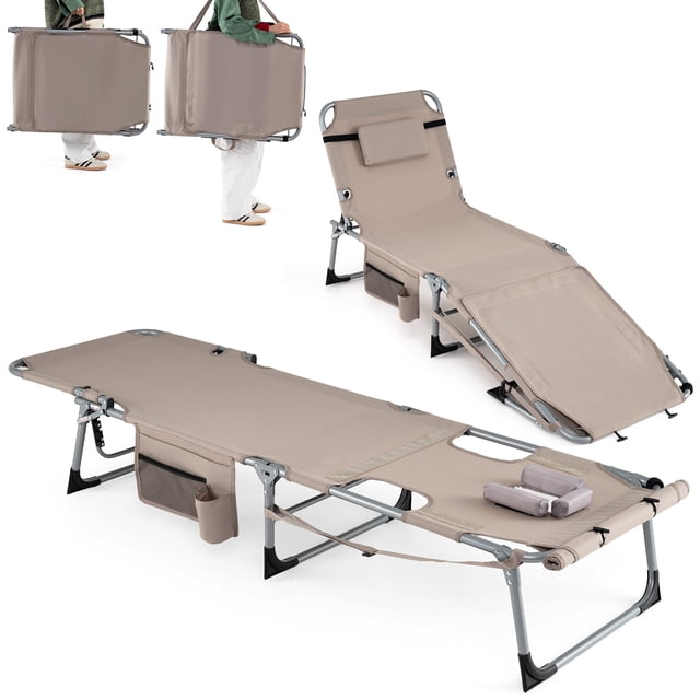 Gymax 2PCS Tanning Chair w/Face Arm Holes 4-Level Backrest & Head Pillow Side Pocket Sand