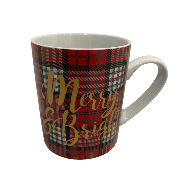 Merry & Bright Red Plaid Ceramic Mug – Festive Holiday Coffee Cup, 16 oz
