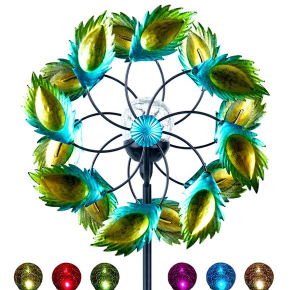 Green 3D Solar Kinetic Wind Spinners for Garden Outdoor Peacock Decorations