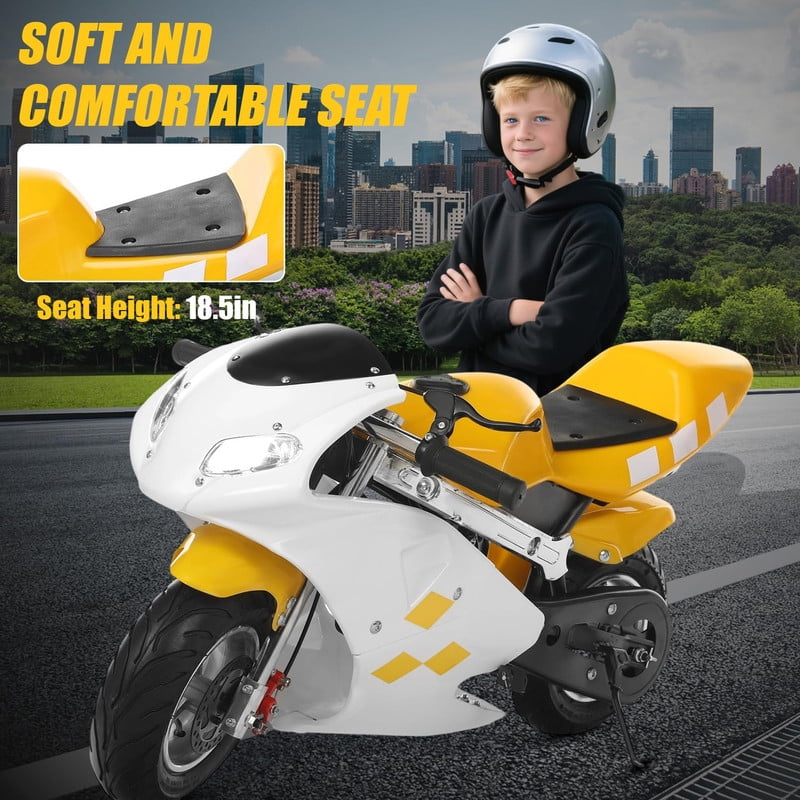 Floseru Kids Motorcycle,Mini Pocket Rocket Bike Youth Off Road 50cc 2-Stroke Kid Dirt Bikes with Disc Brakes Children Pocket Motorbike Gifts for Kids 8-14 Boys Girls 20MPH 170lbs