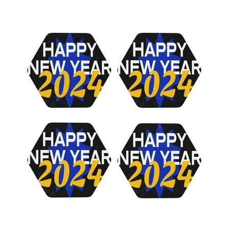 

Fuzoiu Happy New Year 2024 (6) Print Leather Coasters Set Drink Coasters Set of 4 for Tabletop Protection Durable PVC Coasters Home Décor and Housewarming Gift-Hexagon