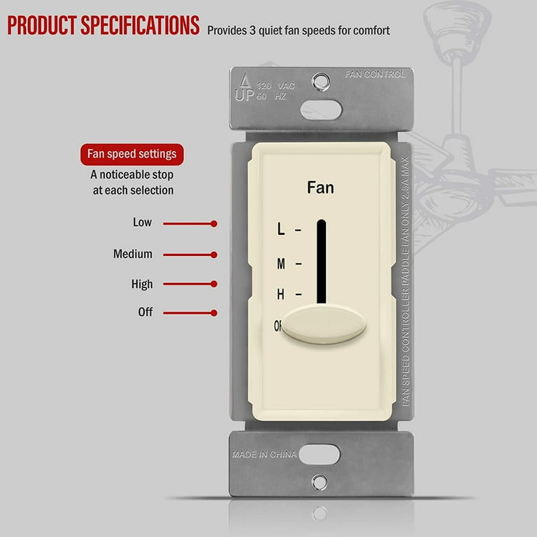 Enerlites 3 Speed In-Wall Ceiling Fan Control, Slide Switch, 120VAC, 2.5A, Single-Pole, No Neutral Wire Required, 17000-F3-LA-F, Light Almond