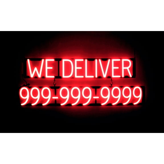 SpellBrite WE DELIVER 10 DIGIT PHONE NUMBER LED Sign for Business. 41.5" x 15.0" Red WE DELIVER 10 DIGIT PHONE NUMBER Sign Has Neon Sign Look, LED Light Source. Visible from 500+ Feet, 8 Animations.