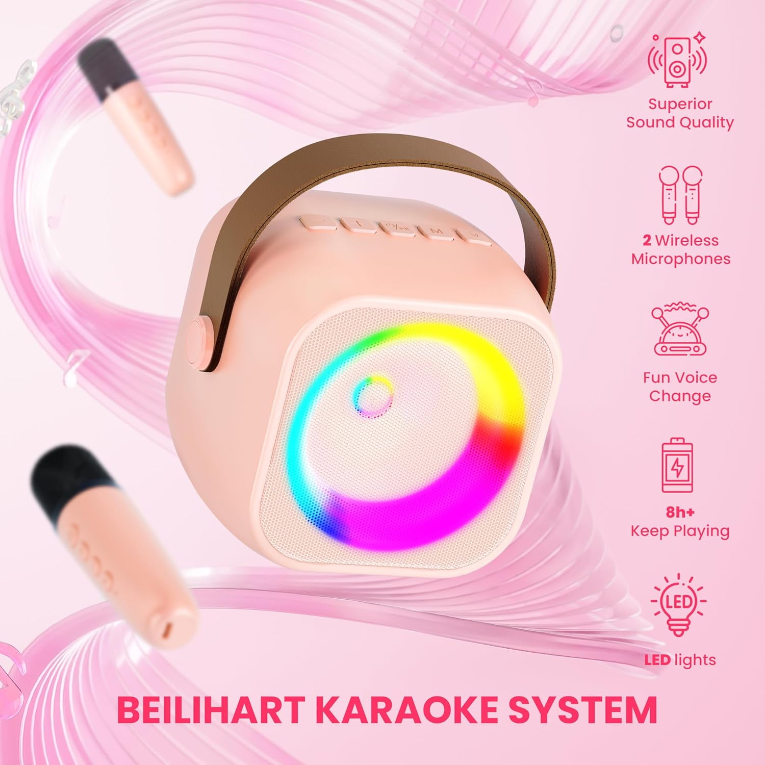 Portable Bluetooth Karaoke Machine - 2 Wireless Mics & Party Lights, Birthday Gift for Kids/Adults, Family Party Fun
