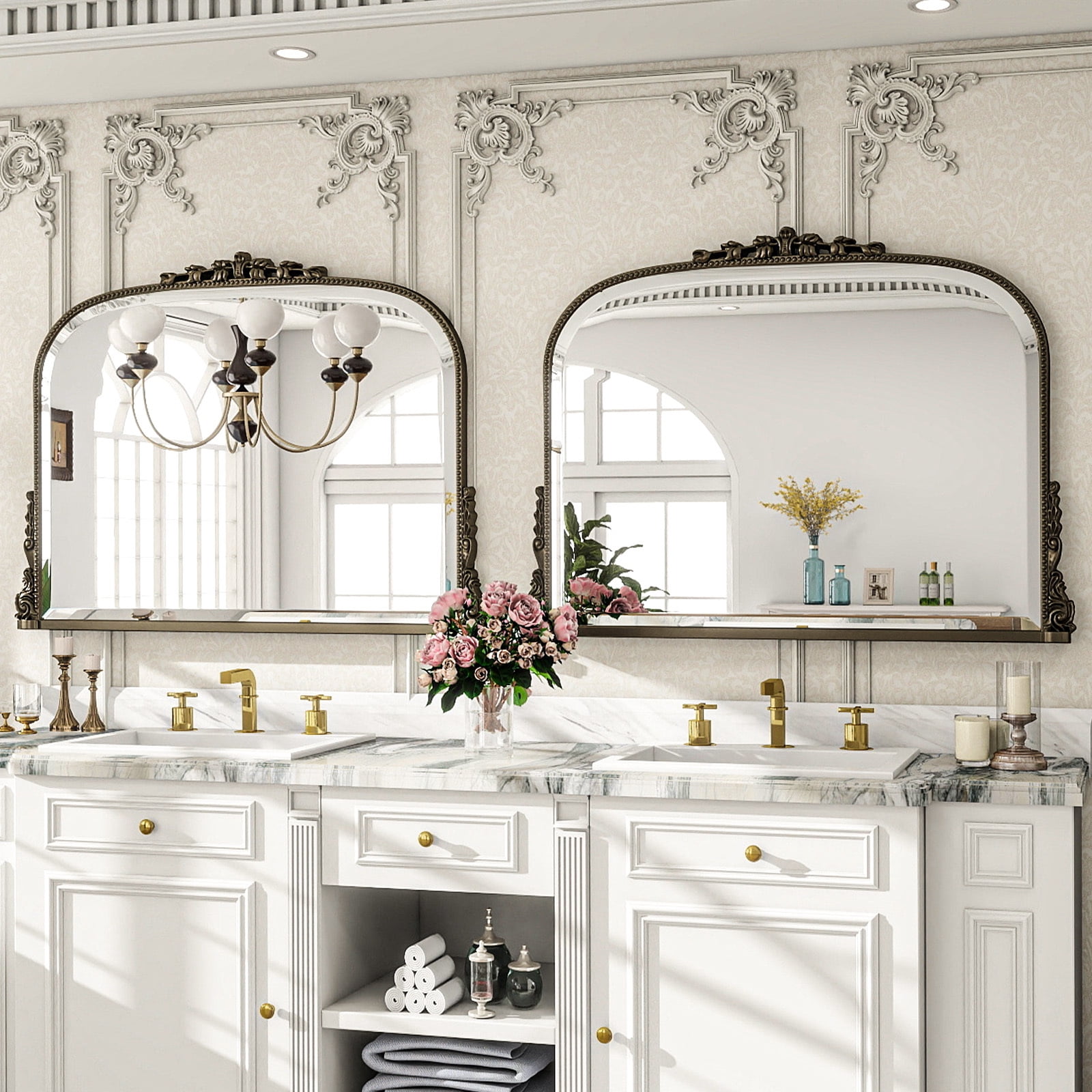 BEAUTYPEAK 44"x32" Vintage Bathroom Mirror Baroque Style Decorative Vanity Mirror Wall Mounted, Antique Bronze