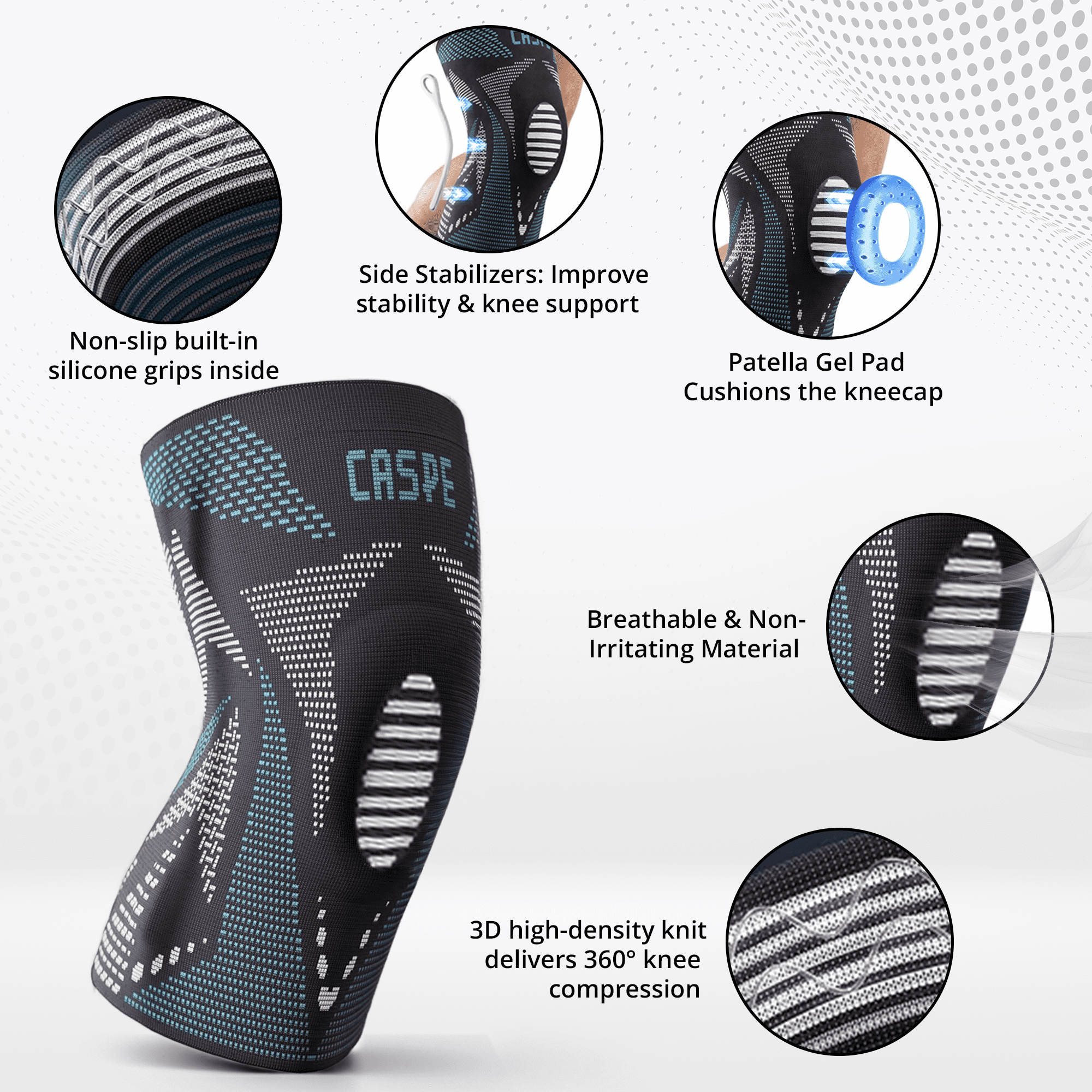Caspe 1 Pack Compression Knee Brace with Patella Gel Pad & Side Stabilizers – Knee Support Sleeve for Men & Women, Running, Workout & Daily Use
