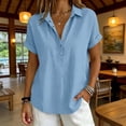 thumbnail image 2 of VBVC Women's Rolled Short Sleeve Half Button Blouse, Ladies' Collared V-Neck Loose Fit Shirt, Solid Color Summer Tunic Top For Women,Sky Blue,S-3XL, 2 of 7