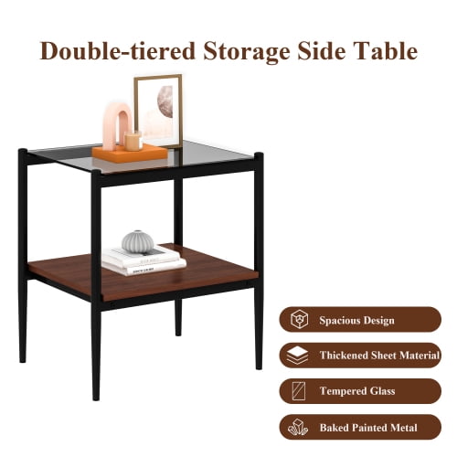 MOONMISS 2 Pack Rectangle End Table, Tempered Glass Top Side Table with MDF Frame, Modern Transparent Glass Accent Table for Living Room, Bedroom, Home Decor, Brown/Black