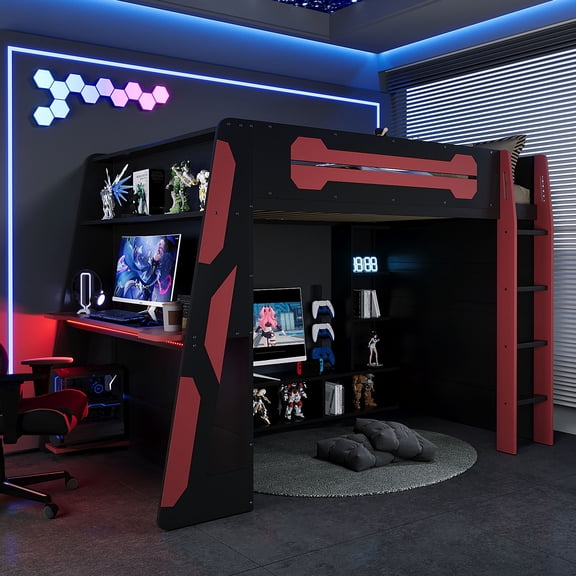 Aukfa Full Size Gaming Loft Bed for Teens, Wood Esports Bed Frame with Desk, LED Lights, Charging Station & Storage Shelves, Red
