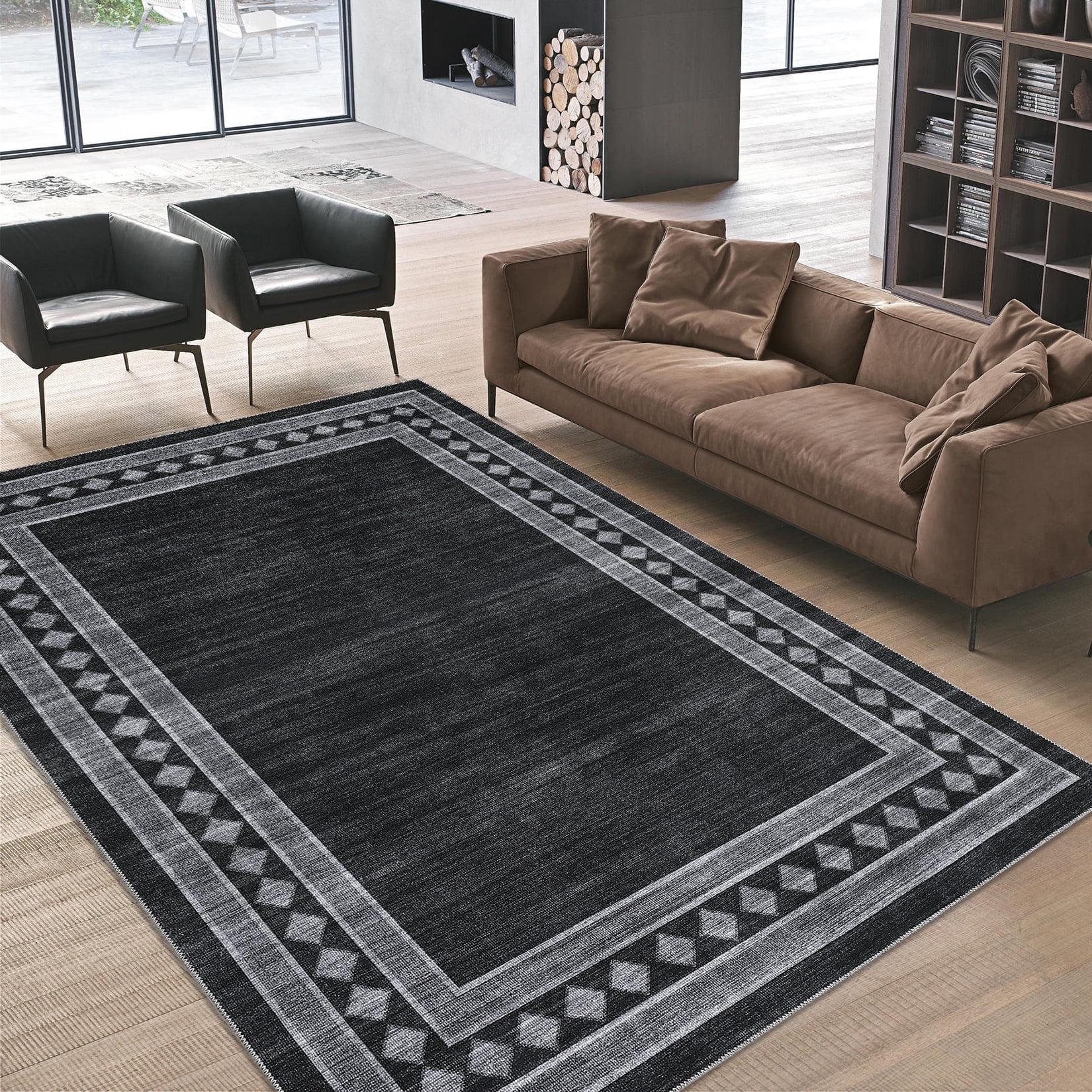 Garvee 10'x13' Modern Area Rug Solid Bordered Rugs, Washable Geometric Neutral Accent Carpet with Non-Slip Backing, Low Pile Stain-Resistant Rug for Living Room Dining Room Home Office, Black