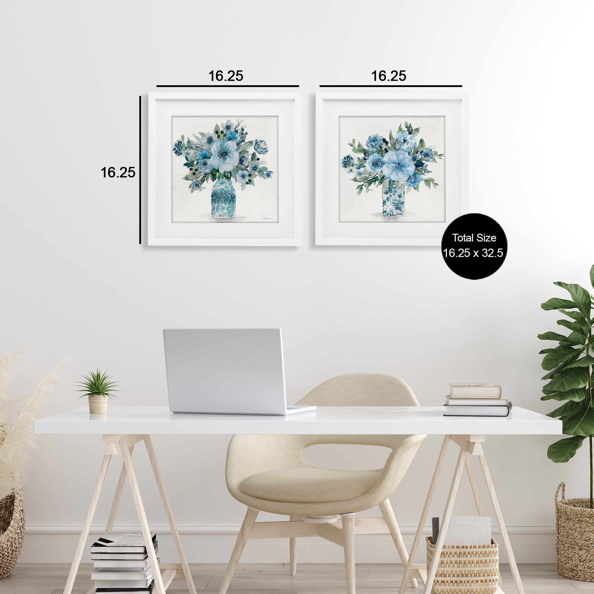 Stupell Industries Pastel Blue Floral Vase Arrangements 2 Piece White Framed Print Under Glass Set, design by Carol Robinson