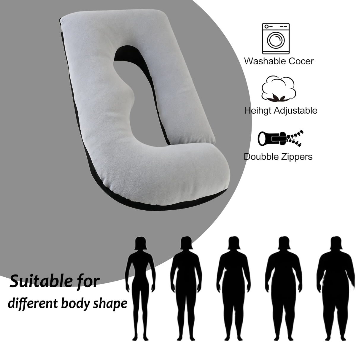 Ergonomic, Supportive J Shape Maternity Pillow for Side Sleeper, Gray