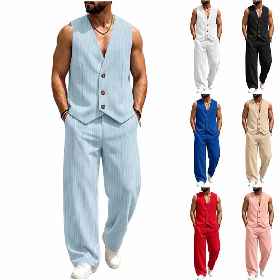 Mens Linen Textured Sets 2 Piece Outfits Sleeveless V Neck Shirt Vest and Pants Set Vacation Outfit for Men Summer Beach Suits Sky Blue