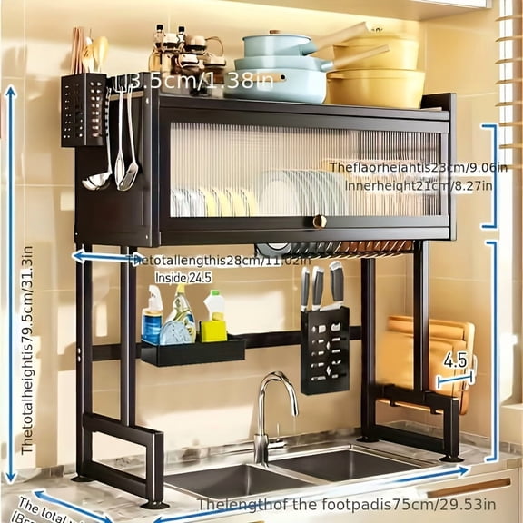3-Tier Over-Sink Dish Drying Rack - 37-41 Inch Black with Cover Space-Saving Kitchen Organizer