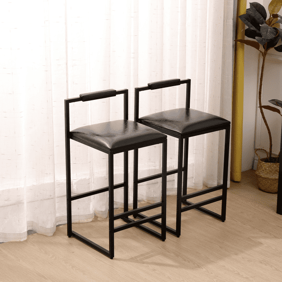 TesNus Counter Height Bar Stools 32.48" Black PU Upholstered With Back Metal Frame Set of 2 for Dining Room