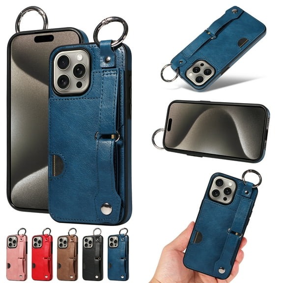 Allytechgroup Wallet Case for iPhone 17, [Card Slot] [Ring Buckle] [Adjustable Wristband with Snap Buckles] Premium PU Leather Kickstand Shockproof Case Cover for Women Men, Blue