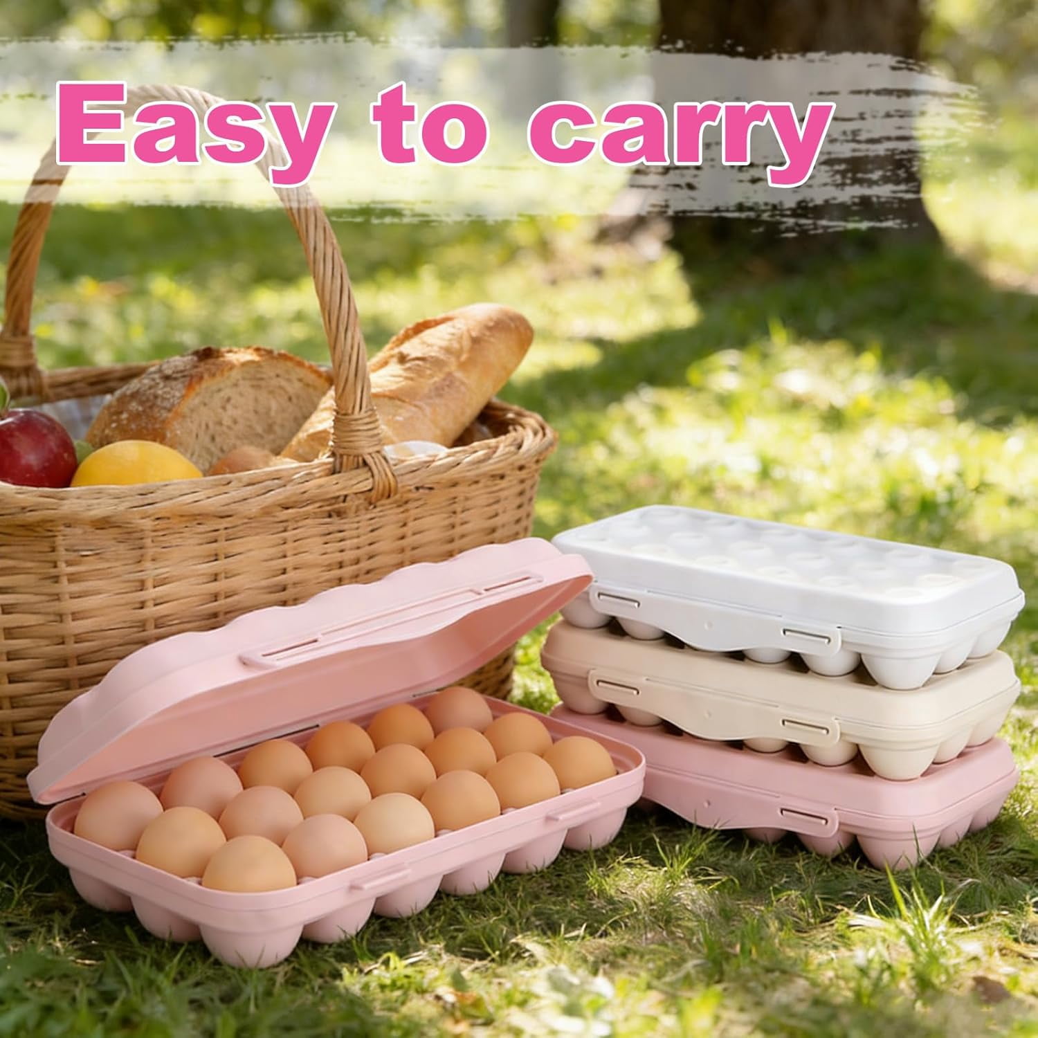 ABPETE Large Capacity Outdoor Egg Holder, Plastic Egg Fresh Carrier Egg Storage Container Organizer Box for Fridge, Stackable Egg Holder for Refrigerator Picnic Hiking Travel, 18 Eggs Tray Pink