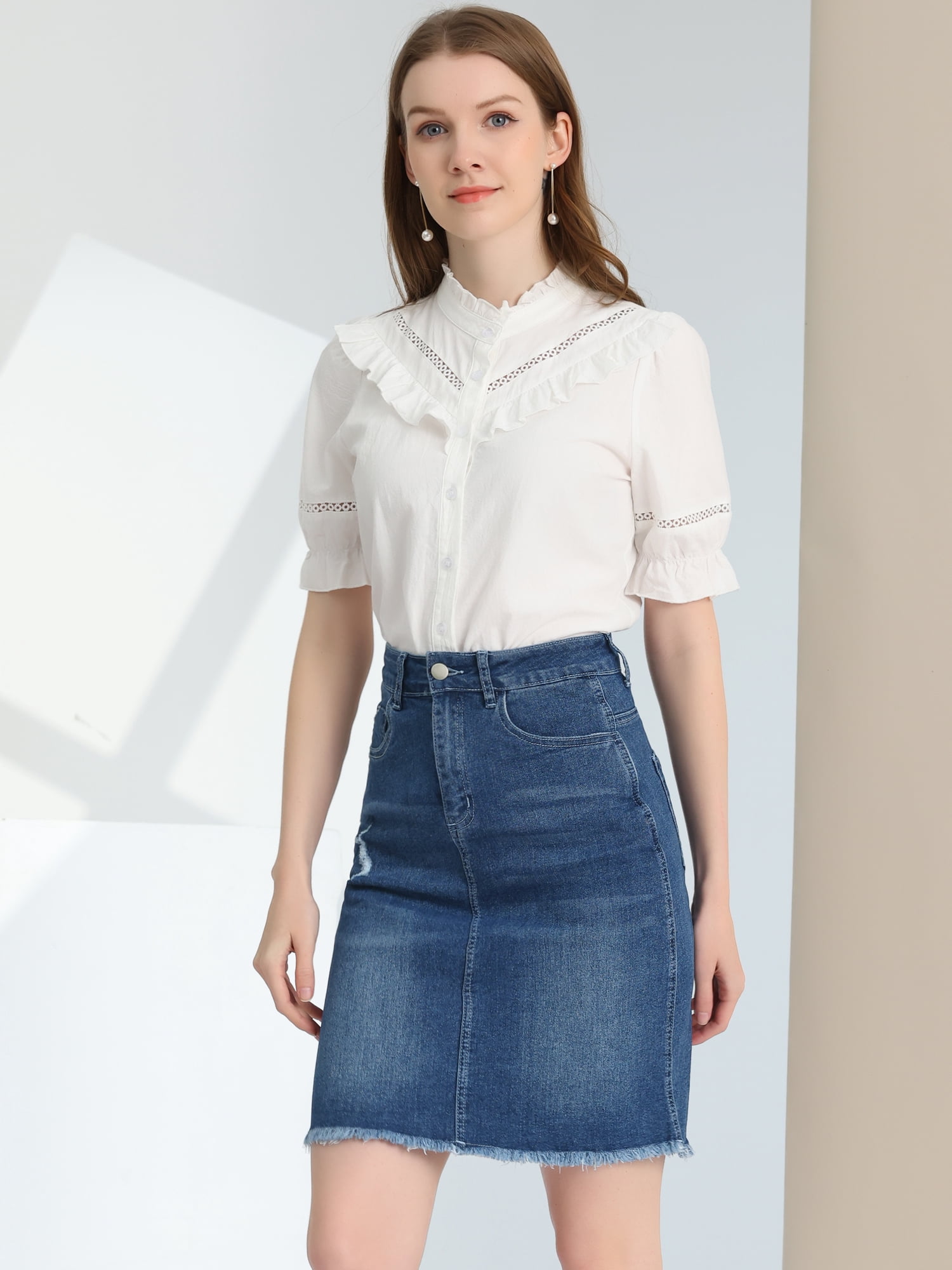 DARING DIVA Women's Ripped Hem Washed Jeans Denim Skirt XL Vintage Blue