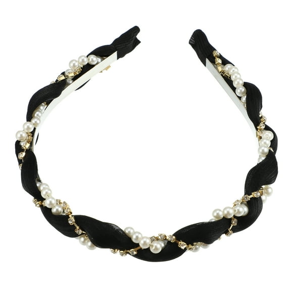 Unique Bargains Rhinestone Pearl Wrap Fabric Headband Faux Pearl Headband Women Hairband Black