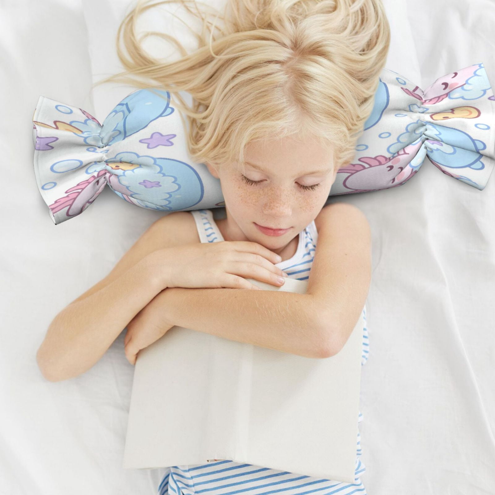 Candy Throw Pillow Travel Cervical Pillow Cylindrical Neck Body Cushion With Insert For Bed Couch Home Decor 9.8x24.4in Bubble Bath Axolotls - Pastel Daydream