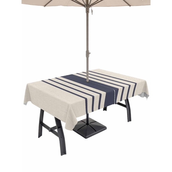 Outdoor Tablecloth with Umbrella Hole, Midnight Blue Striped Spillproof Waterproof Outdoor Table Cover, Beige Geometric Modern Art Patio Tablecloths for Party Picnic Camping, Rectangle 60"x84"
