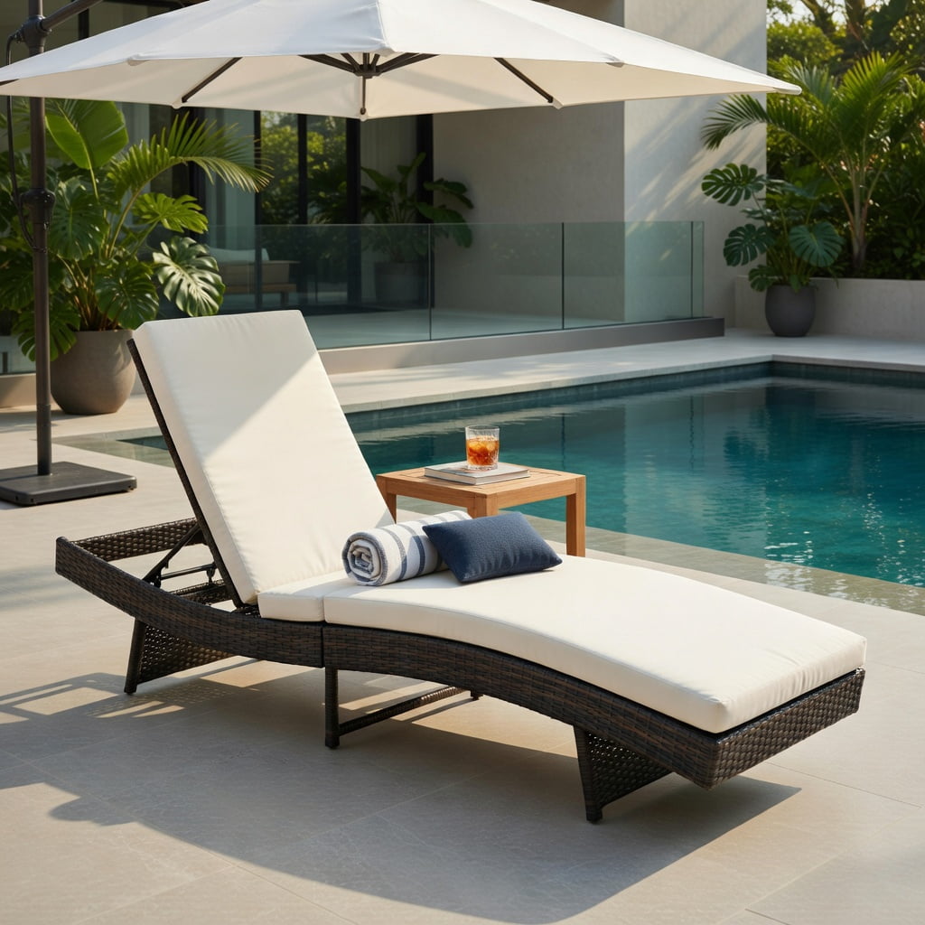 Hommoo Folding Patio Chaise Lounge Chair with 5-Position Adjustable Backrest, Thick Washable Cushion, PE Rattan Design, White