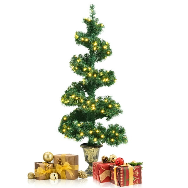 Costway 4FT Pre-lit Spiral Artificial Christmas Entrance Tree w/ Lights & Retro Urn Base