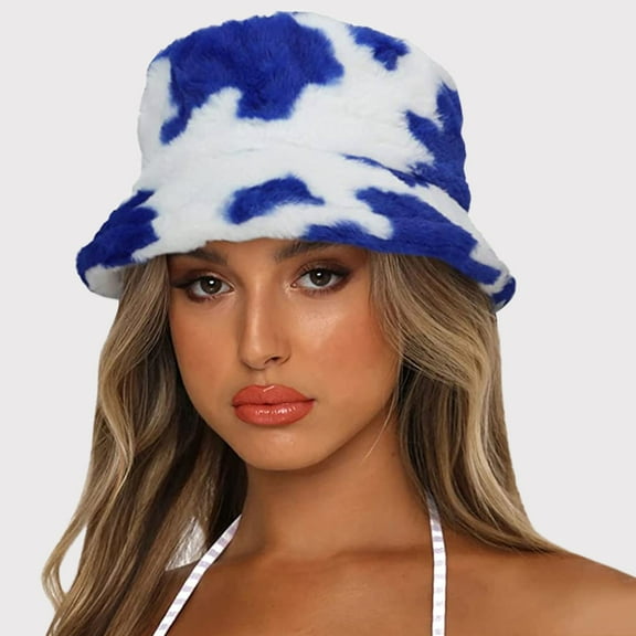 WTXUE Bucket Hat Faux Fur Hat Winter Printed Thick Bucket Warm Hat Bucket Cap Basin Hat for Women Men Wool Winter Hats Comfort Hat Soft Warm Hat Blue One Size