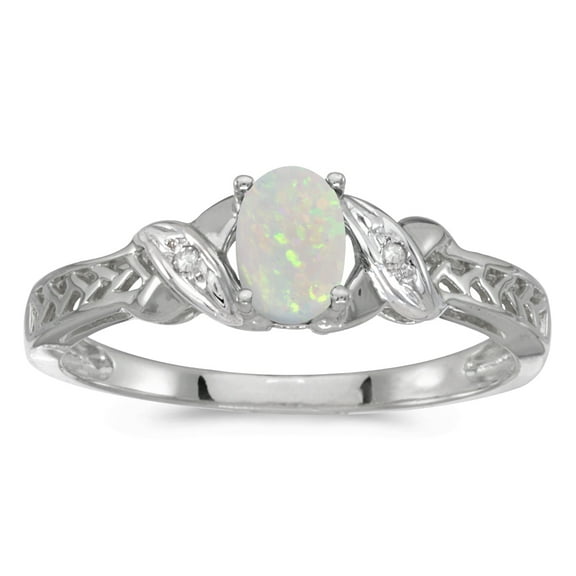 10k White Gold Oval Opal And Diamond Ring