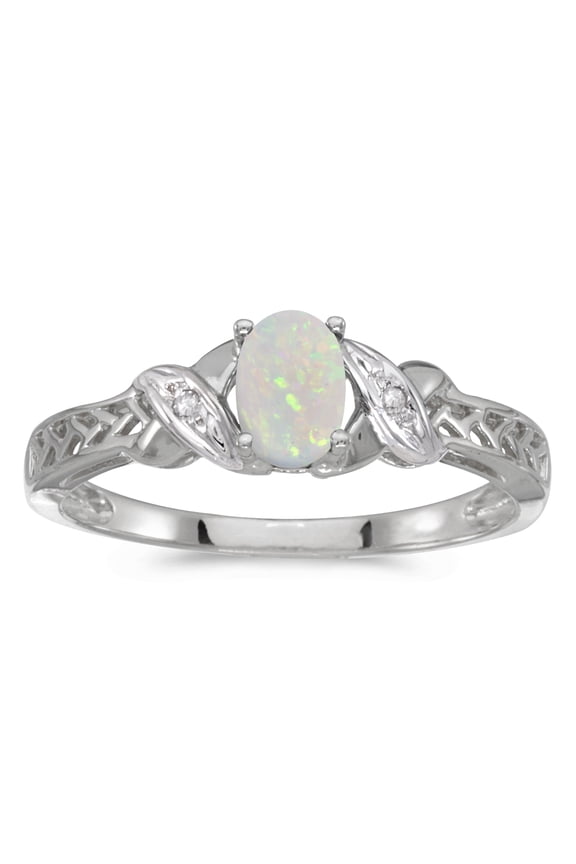 10k White Gold Oval Opal And Diamond Ring