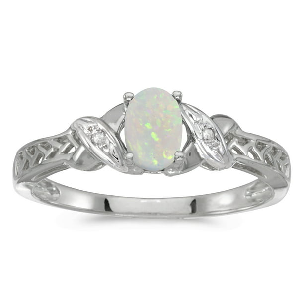 Direct-Jewelry - 10k White Gold Oval Opal And Diamond Ring - Walmart ...