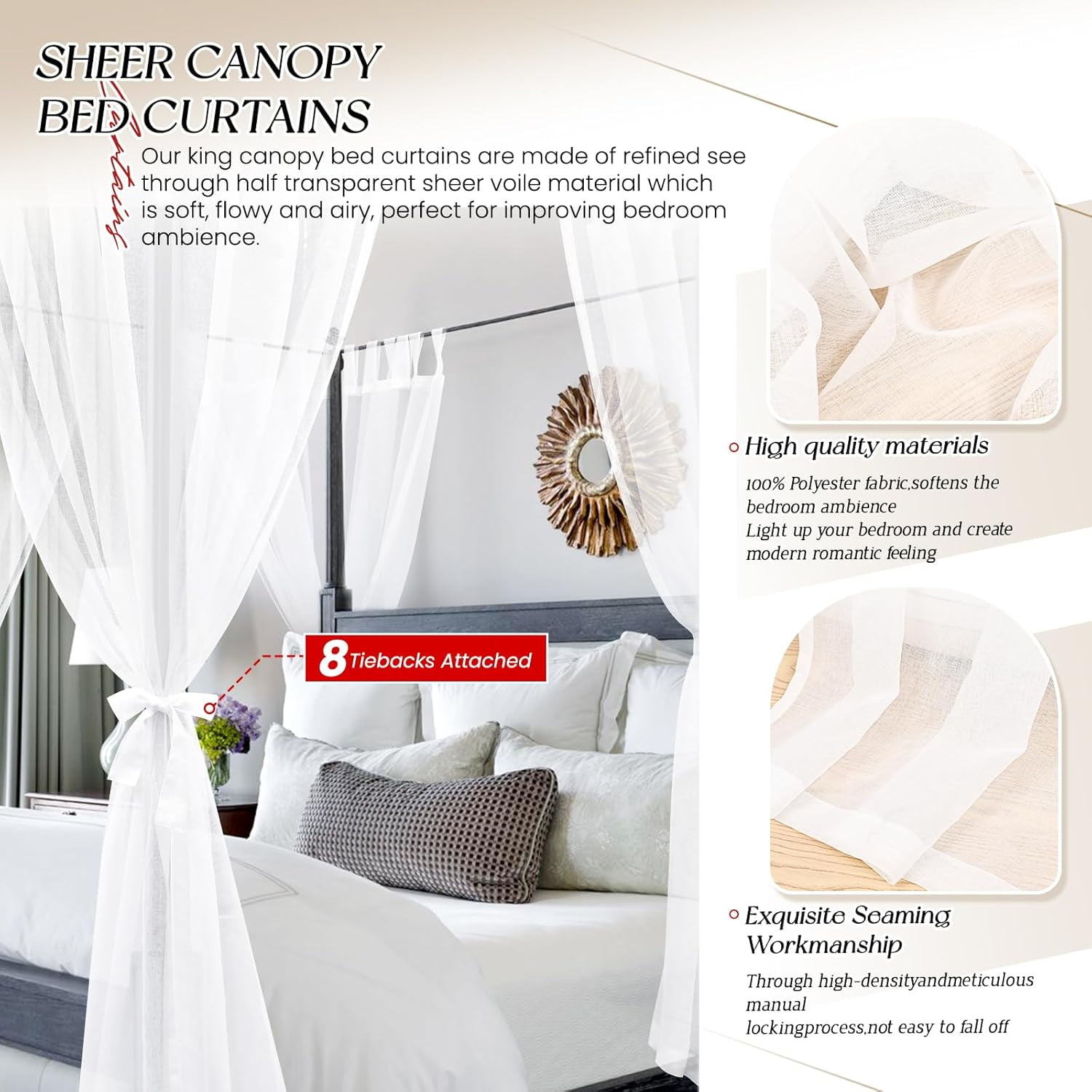 8 Panels Canopy Curtains White Canopy Bed Curtains for King Full/Queen and Twin Bed Frame,Eight Poster Bed Canopy Curtains Drapes,Sheer Canopy Bed Drapes with Top and Self-Adhesive Velcro (42"x74")