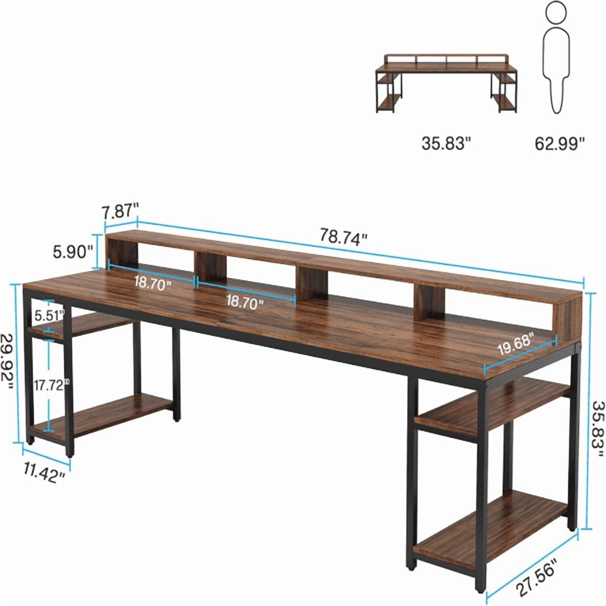 78.74" 2-Person Office Desk - Double Workstation with 4 Open Shelves, 2 Ergonomic Monitor Stands, 350lb Capacity - Rustic Brown & Black